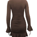 Bodycon Elasticated Waist Pleated Ruffled Solid Color Split-Joint V-Neck Midi Dresses
