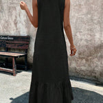 A-Line Loose Pleated Ruffle Trim Solid Color V-Neck Maxi Dresses
