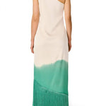 Vibrant Ombré Print Ruched One Shoulder Tassle Trim Vacation Maxi Dress