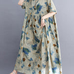 Artistic Retro Loose Floral Printed Pleated Vacation Midi Dress