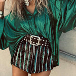 Cheers To That Glitter Fabric Button Up Balloon Sleeve Loose Blouse