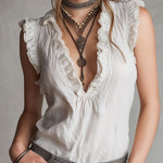 Ruffle Neck Lace Trim Cotton Linen Tank Top