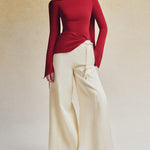 Flared Sleeves Long Sleeves Solid Color Zipper Boat Neck T-Shirts Tops