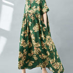 Half Sleeves Loose Flower Print Pleated Pockets Round-neck Midi Dresses
