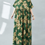 Half Sleeves Loose Flower Print Pleated Pockets Round-neck Midi Dresses