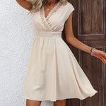 A-line Loose Elasticity Jacquard Pleated Solid Color V-neck Mini Dresses