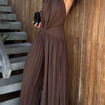Lightweight Chic Metal Ring Drape Cowl Halter Neck Bodysuit and Elastic Waist Wide Leg Pants Set