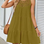 A-Line Loose Hollow Pleated Solid Color Split-Joint Round-Neck Mini Dresses