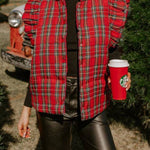 Red Plaid Ruffle Puff Sleeve Down Vest