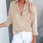 Zeagoo Zeagoo Women's Button Down Shirt Loose Lapel Plain Satin Blouse with Pocket