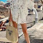 Always Favourite Lace Hollow Tie-up Slit Long Sleeve Shirt and Elastic Waist Shorts Set