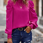 Zeagoo Zeagoo Casual Fold Bubble Cuff Bow Lace Round Neck Shirt Top