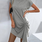 Casual Short Sleeves Pleated Round-Neck Gray Mini Dress