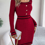 Bodycon Long Sleeves Buttoned Contrast Color Plaid Square-Neck Mini Dresses Sweater Dresses