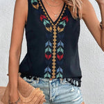 JUST BE YOU BOHO EMBROIDERED TASSEL SLEEVELESS TOP - 4 COLORS