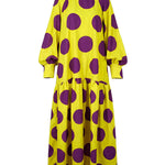 Long Sleeves Loose Big Hemline Contrast Color Pleated Polka Dot Split-Joint Half Turtleneck Maxi Dresses