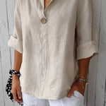 V-neck cotton and linen button top