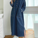 Long Sleeves Loose Buttoned Pockets Solid Color Split-Joint Split-Side Lapel Maxi Dresses Shirt Dress