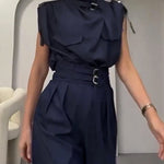Loose Sleeveless Buckle Solid Color Stand Collar Blouses&Shirts Tops