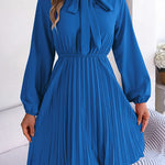 Long Sleeves Loose Pleated Solid Color Tied Mock Neck Mini Dresses