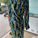High Waisted Long Sleeves Asymmetric Pleated Printed Split-Joint Deep V-Neck Midi Dresses