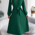 High Waisted Long Sleeves Belted Buttoned Pleated Solid Color V-Neck Maxi Dresses