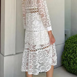 Solid Color Hollow Lace Lapel Button Long Shirt