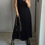 A-Line High Waisted Pleated Pockets Solid Color Split-Joint Round-Neck Maxi Dresses