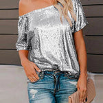 Off Shoulder Short Sleeve Sequin T-shirt