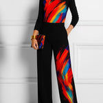 Wide Leg Contrast Color Pockets Printed Pants Trousers
