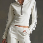 Sporty Retro Striped Webbing White Long-Sleeve Sweatshirt And Wide-Leg Pants Set