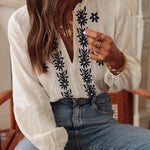 White Floral Embroidered Frill V Neck Puff Sleeve Blouse