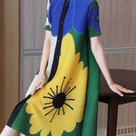A-Line Loose Buttoned Flower Print Pleated Round-Neck Midi Dresses