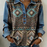 Women'S Casual Color-Block Printed Patchwork Pullover Sweatshirt