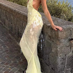 Deep V Neck Sequins Fishtail Hem Backless Gowns Slip Maxi Dresses-Yellow