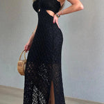 Sunset Beach Stroll Knit Texture Cutout Detail Halter Stretch Maxi Dress