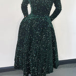 A-Line High Waisted Sequined Split-Joint Zipper Round-Neck Maxi Dresses