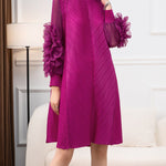 Long Sleeves Loose Embroidered Pleated Solid Color Round-Neck Midi Dresses