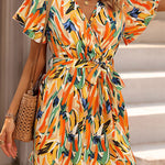 High Waisted Loose Printed Tied Waist V-Neck Mini Dresses