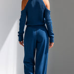 Women's Blue Elegant Ribbed Knit Cold - Shoulder Sweater And Wide - Leg Pants Set