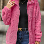 Zipper Plaid Fleece Pockets Women's Coat Cardigan