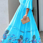 Elegant Unique Printed Lace Patchwork Lace Up Maxi Dress