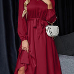 Loose Puff Sleeves Elasticity Pleated Solid Color Split-Joint Tied Waist Round-Neck Midi Dresses