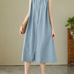 A-Line Sleeveless Buttoned Pleated Solid Color Round-Neck Midi Dresses