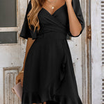 Flared Sleeves Half Sleeves Elasticity Ruffled Solid Color Split-Joint Tied Waist V-Neck Mini Dresses