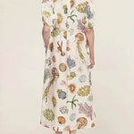 A-Line High Waisted Buttoned Contrast Color Pockets Print Split-Joint Tied Waist Stand Collar Maxi Dresses Shirt Dress