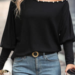 Black Pearls Asymmetric Neck Puff Sleeve Blouse