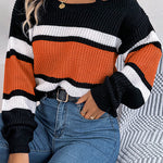 Striped Contrasting Metal Buckle Loose Long-sleeved Knitted Sweater