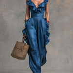 Boho-Vintage Elegant Tencel Faux-Denim Ruffle Wide-Leg Jumpsuit