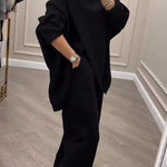 Solid Color Loose-fitting Turtleneck Knit Top and Elastic Waist Casual Pocket Straight Leg Pants